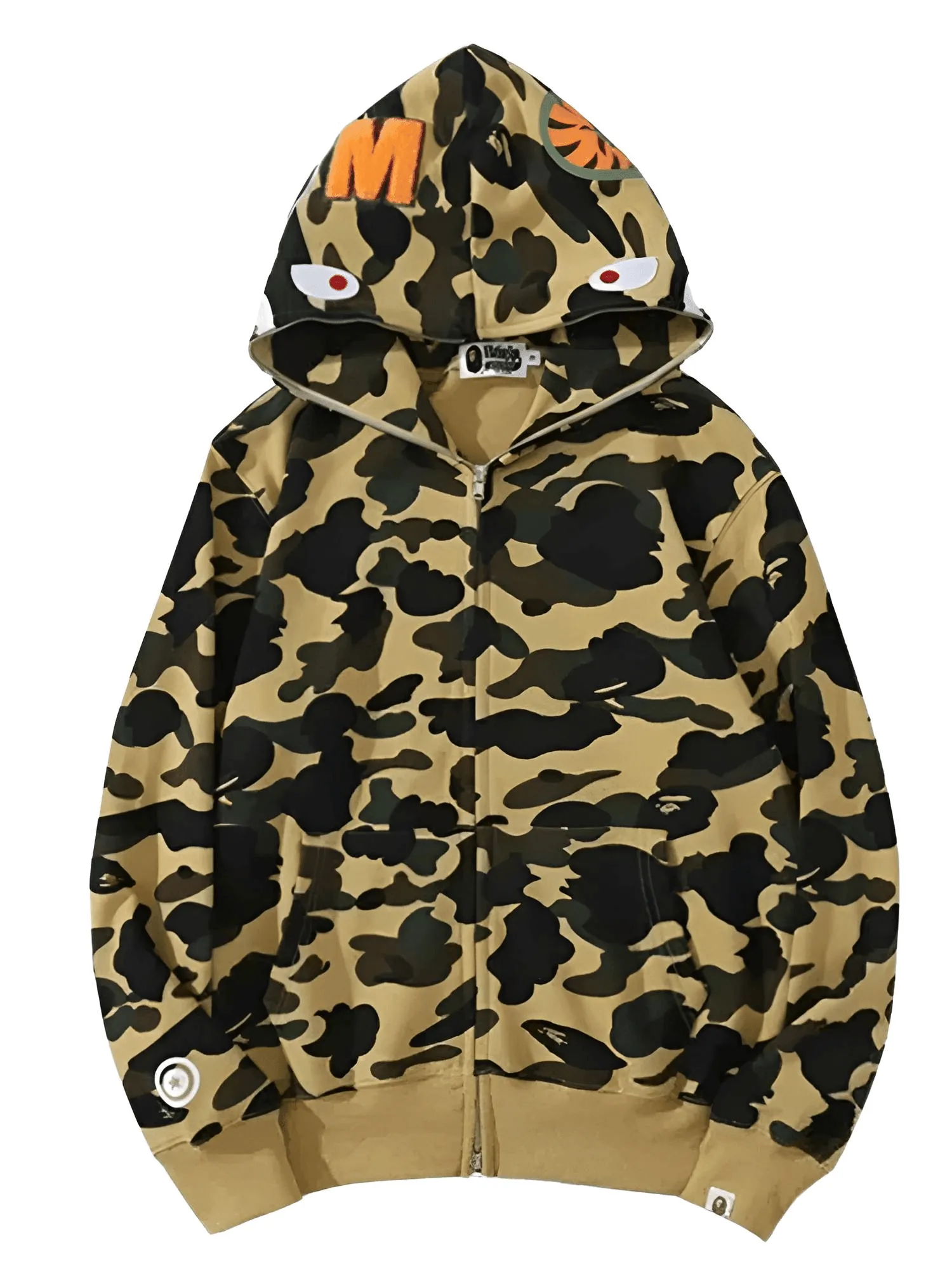 100% Cotton Men's Zippered Trendy Shark Camouflage Hoodie Fine Embroidery Loose Fitting Pure Cotton Plush Hooded Sweatshirt