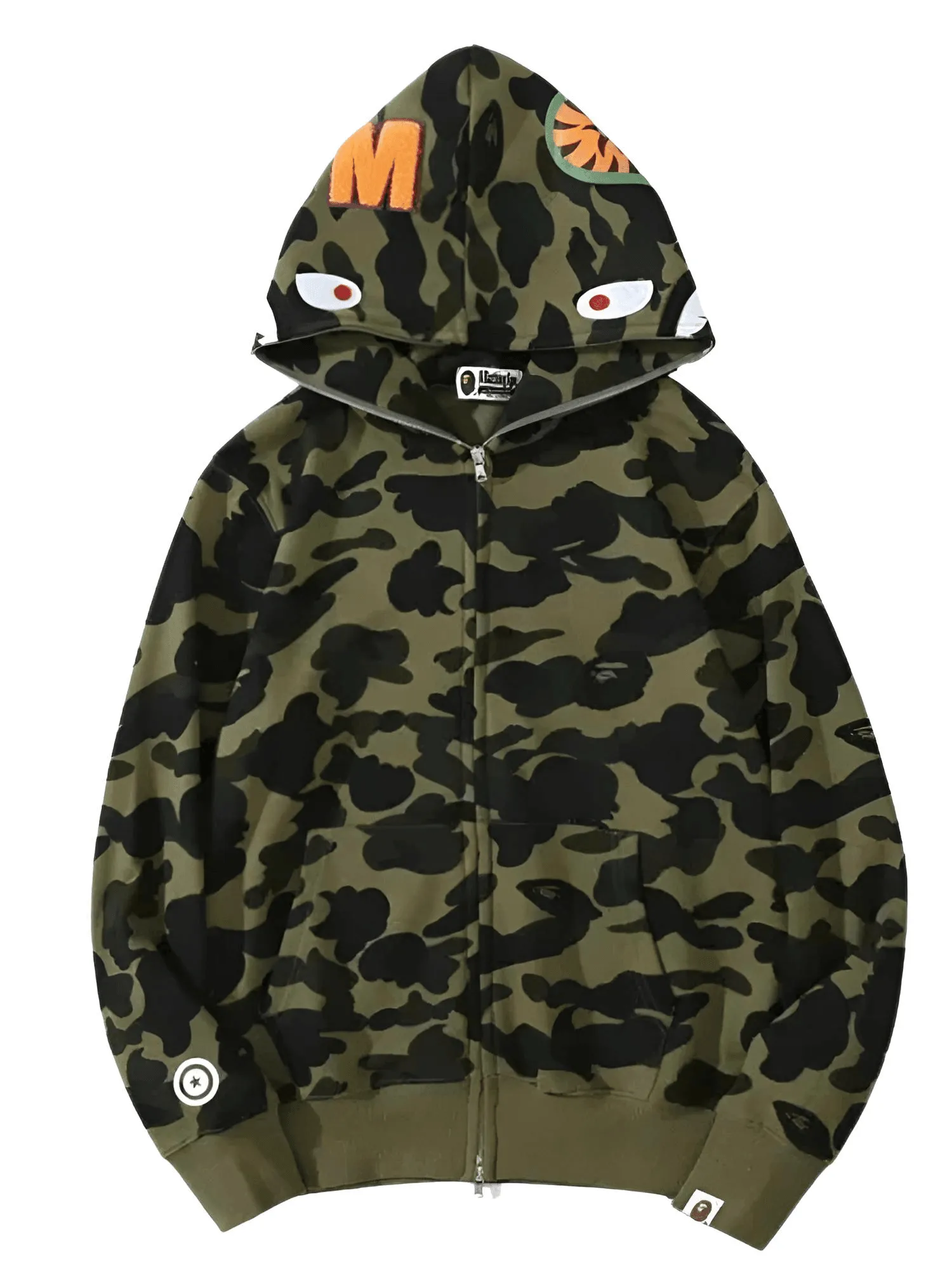 100% Cotton Men's Zippered Trendy Shark Camouflage Hoodie Fine Embroidery Loose Fitting Pure Cotton Plush Hooded Sweatshirt