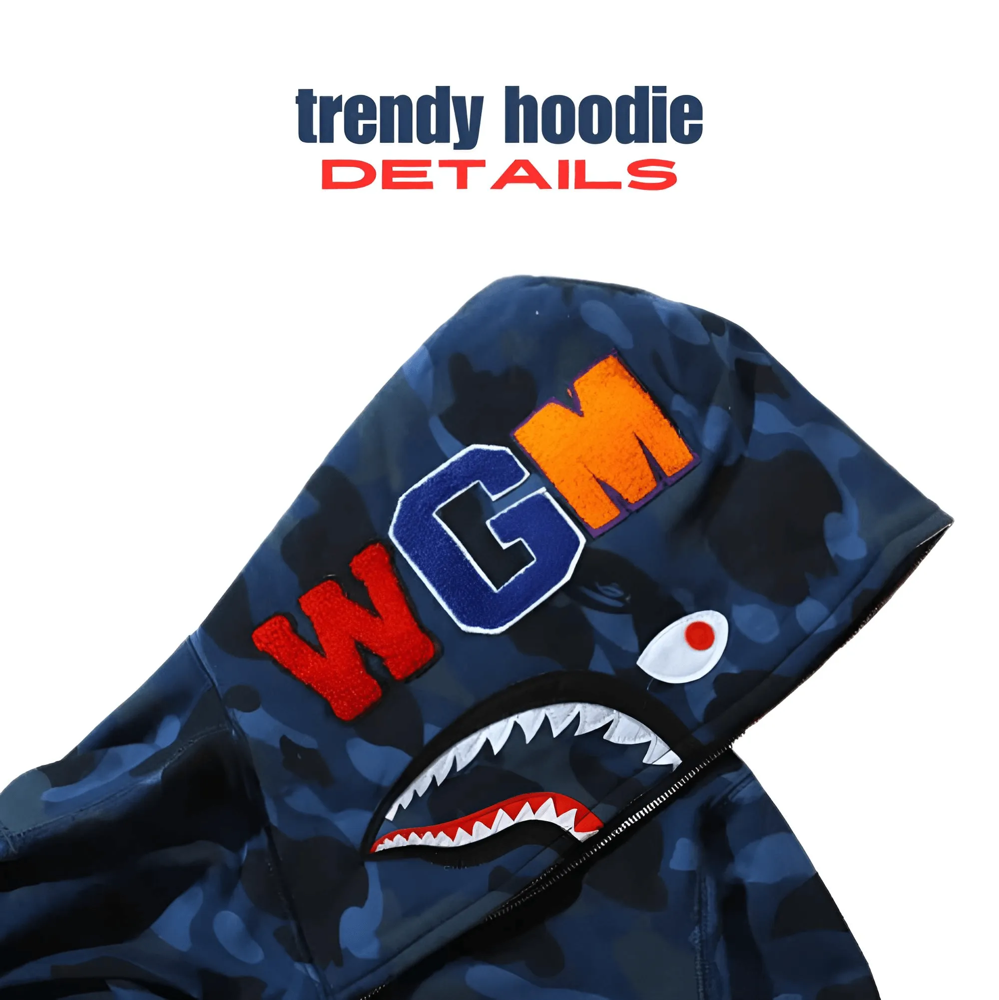 100% Cotton Men's Zippered Trendy Shark Camouflage Hoodie Fine Embroidery Loose Fitting Pure Cotton Plush Hooded Sweatshirt