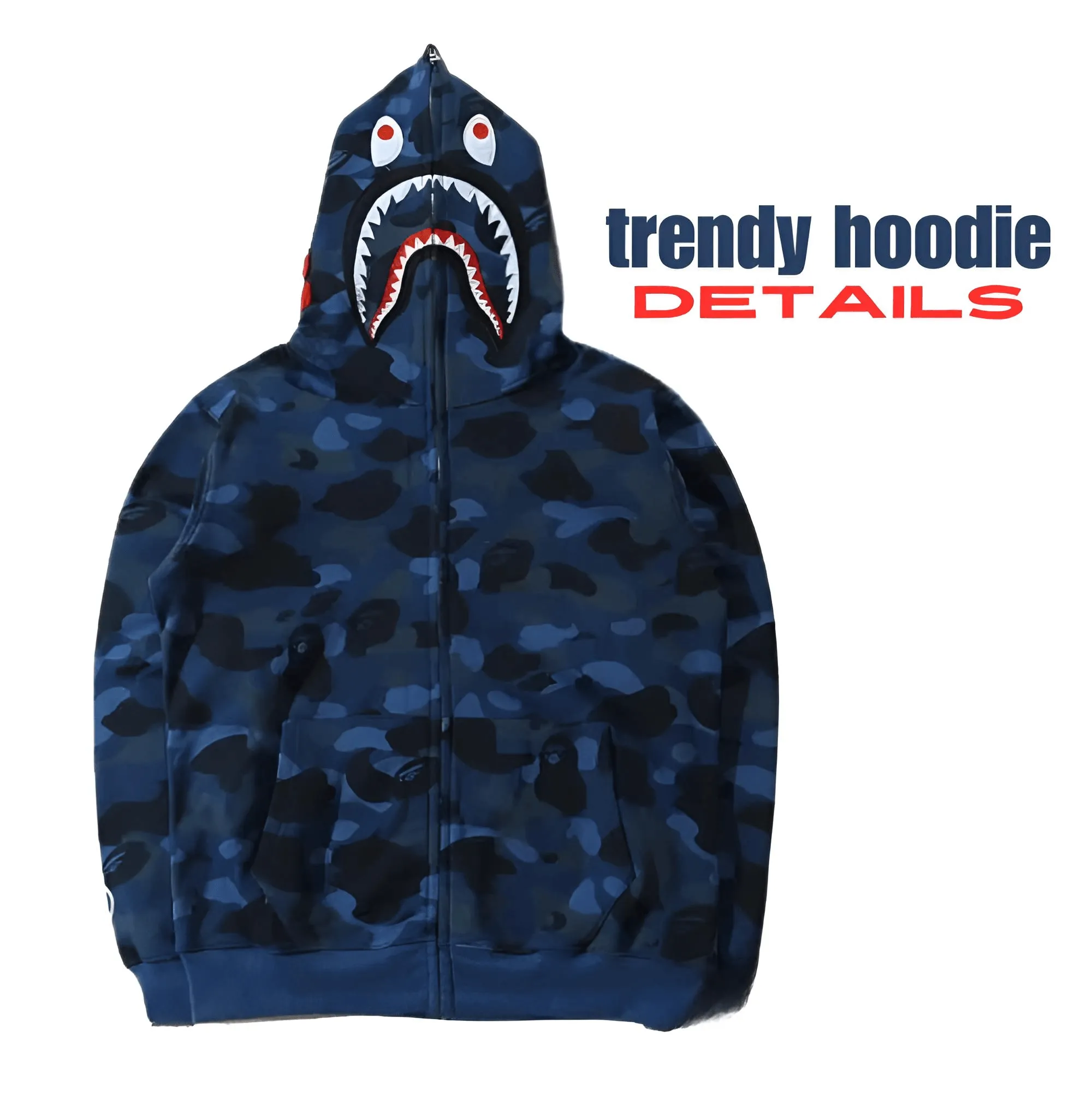 100% Cotton Men's Zippered Trendy Shark Camouflage Hoodie Fine Embroidery Loose Fitting Pure Cotton Plush Hooded Sweatshirt