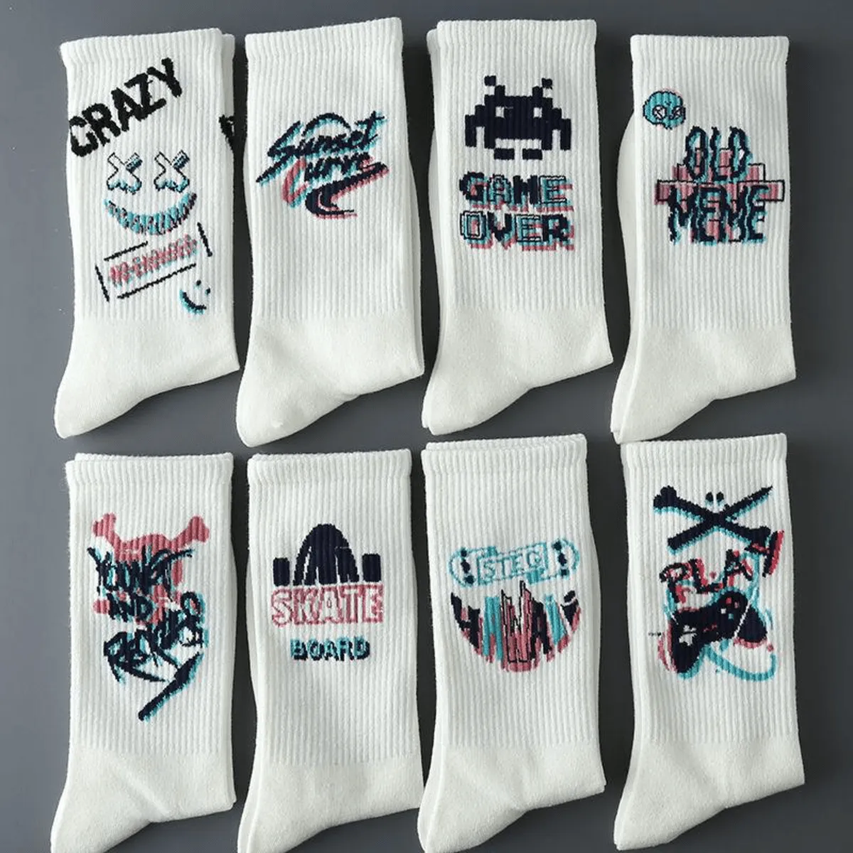 5 Pairs Of Random Graffiti Socks Men's Hipster All Match High Appearance Level Mid-Tube Student Sports Basketball Stockings Stocking