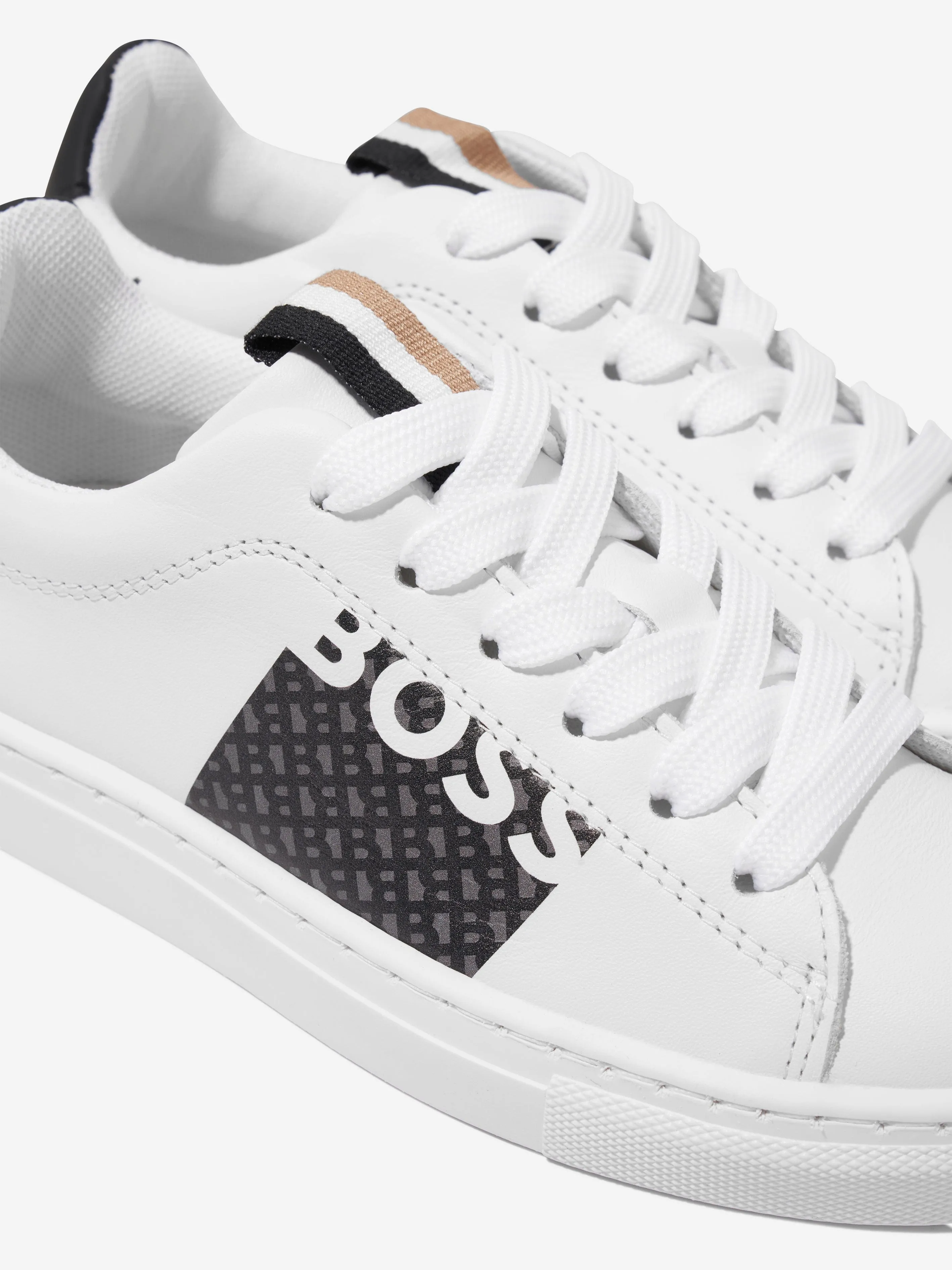 BOSS Boys Leather Monogram Trainers in White