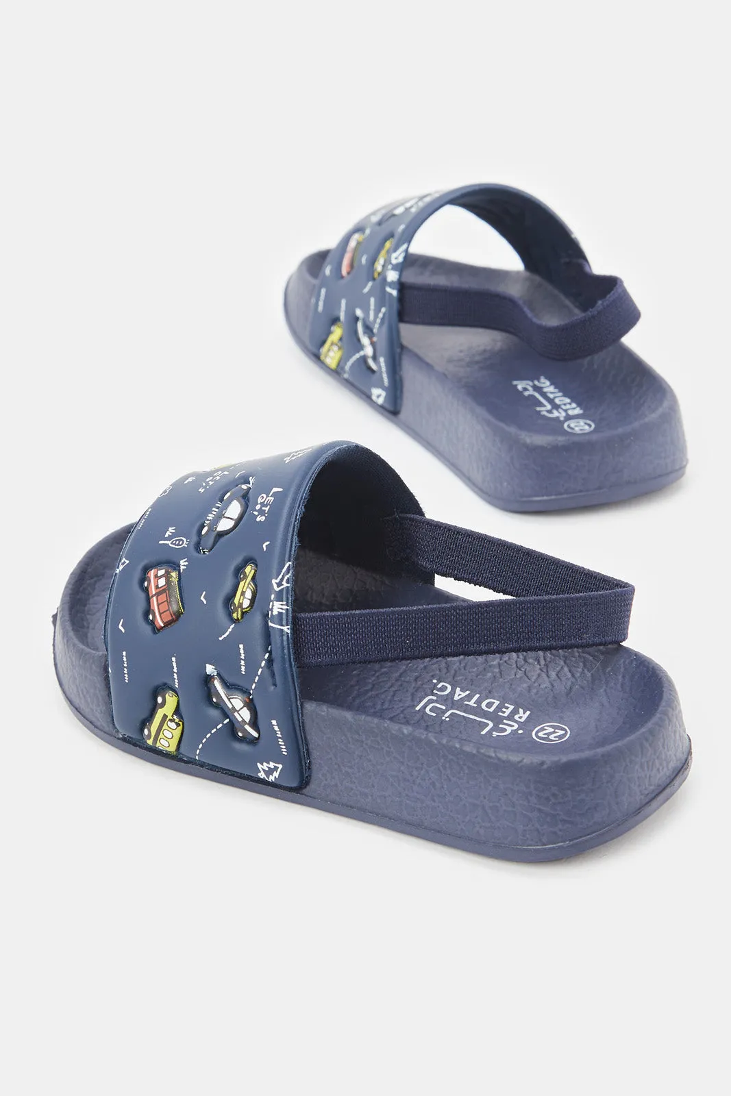 Boys Navy Car Print Slide With Backstrap