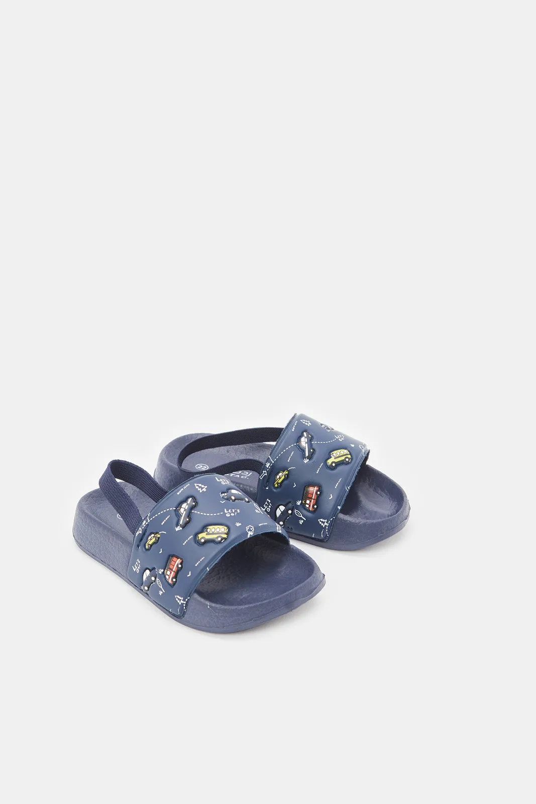 Boys Navy Car Print Slide With Backstrap