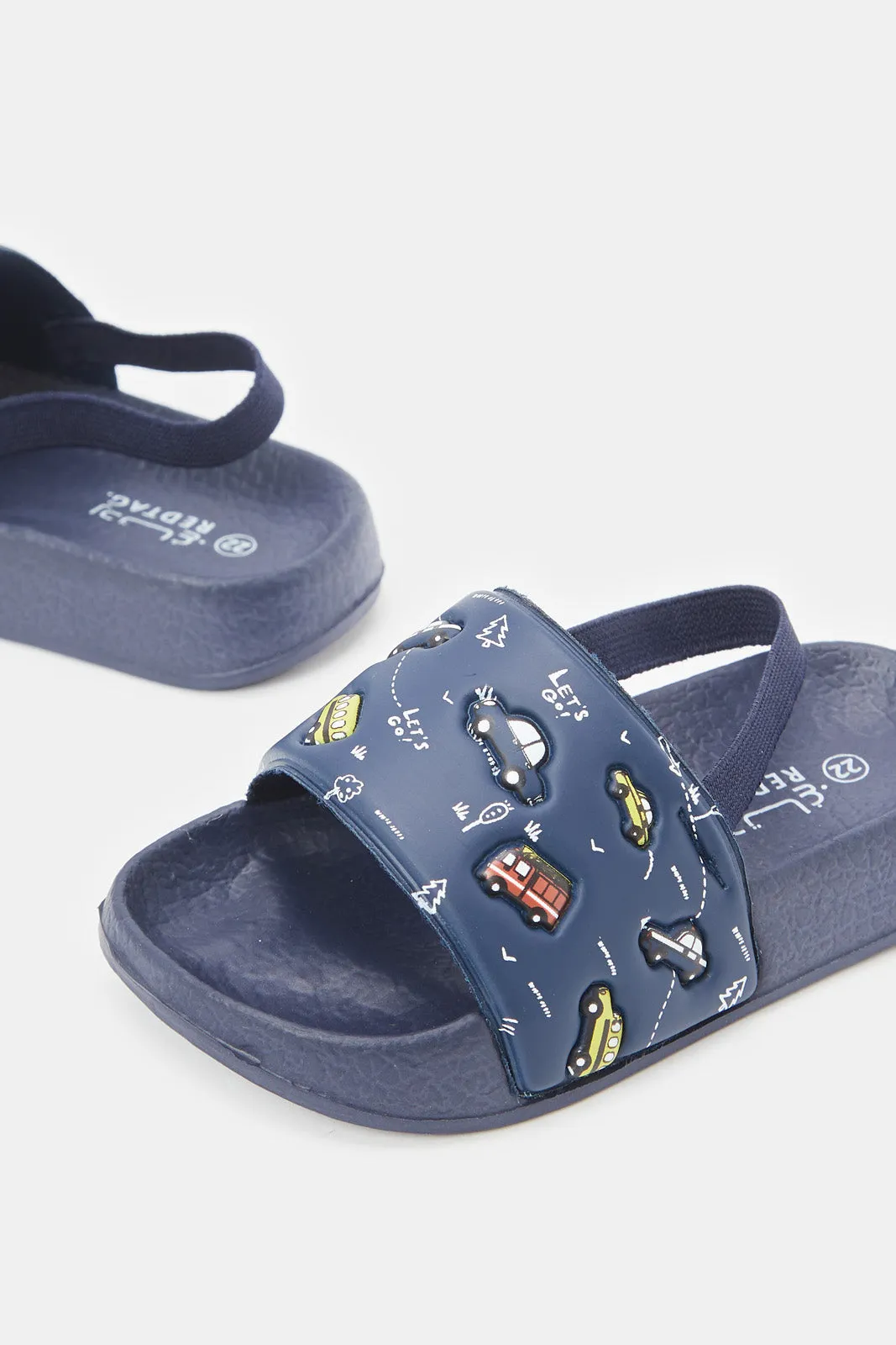 Boys Navy Car Print Slide With Backstrap