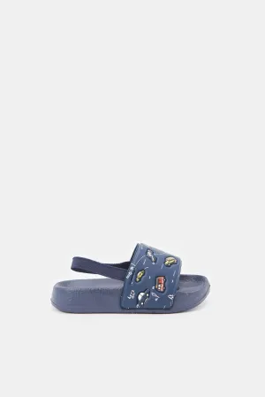 Boys Navy Car Print Slide With Backstrap