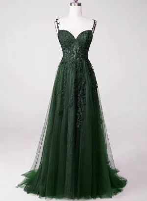 Dark Green Tulle with Lace Beaded Straps Prom Dress, Green Long Formal Dress Party Dress