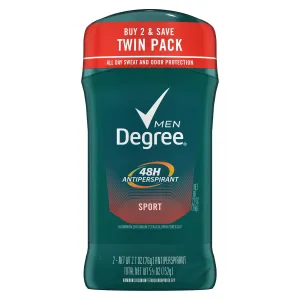 Degree Long Lasting Men's Antiperspirant Deodorant Stick Twin Pack, Sport, 2.7 oz