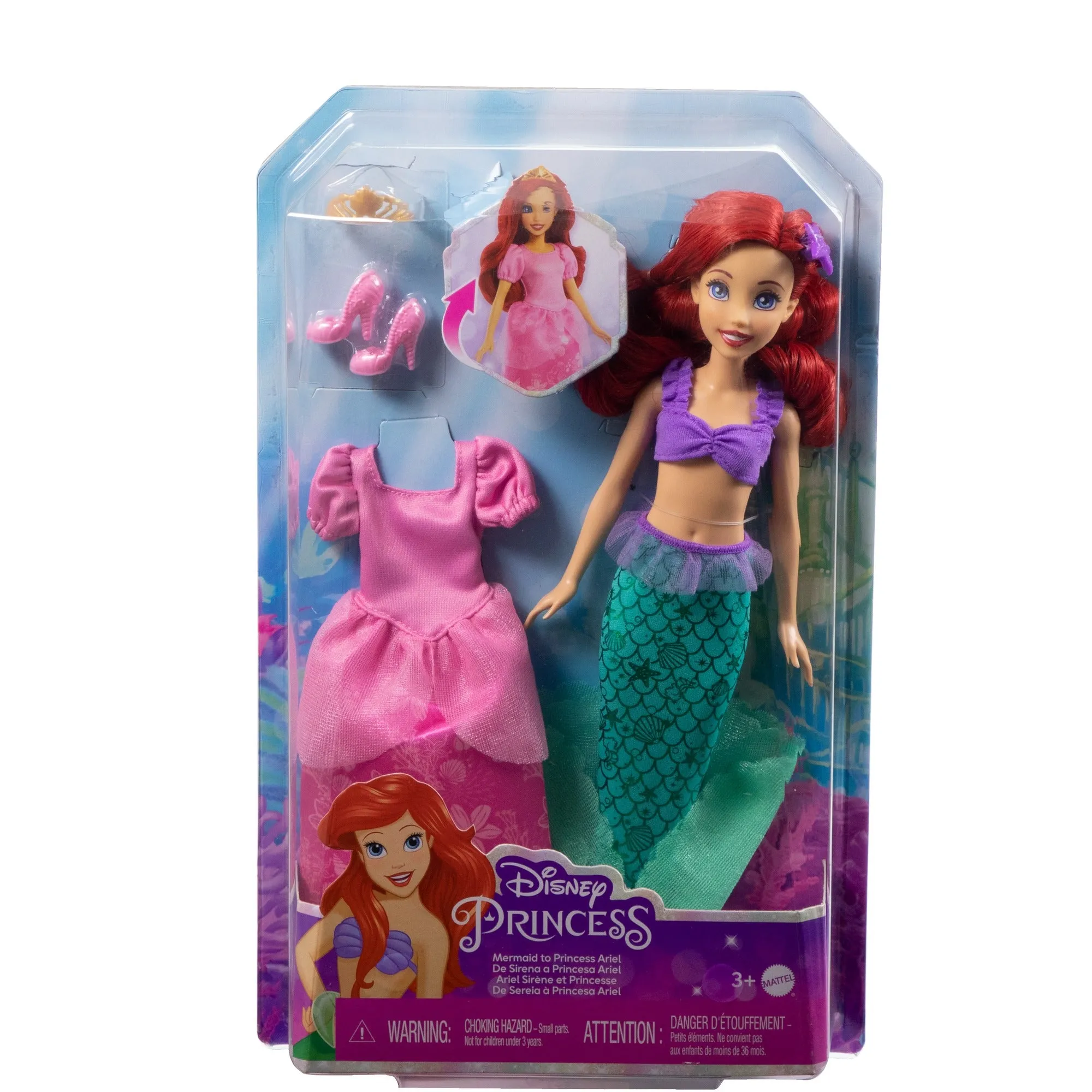 Disney Princess Ariel 2-in-1 Mermaid to Princess Doll with 2 Fashions and Accessories Inspired by the Disney Movies for Kids Ages 3 