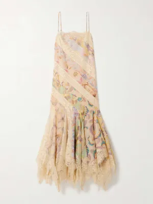 Eden asymmetric pleated cotton-blend lace and printed linen and silk-blend dress