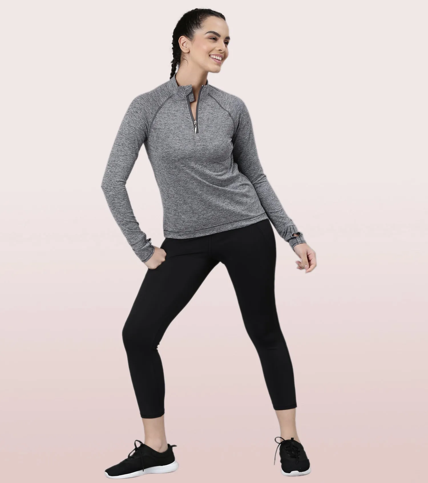 Enamor Long Sleeve Workout Tee | Slim Fit Troyer T-Shirt With Thumbhole For Women | A310