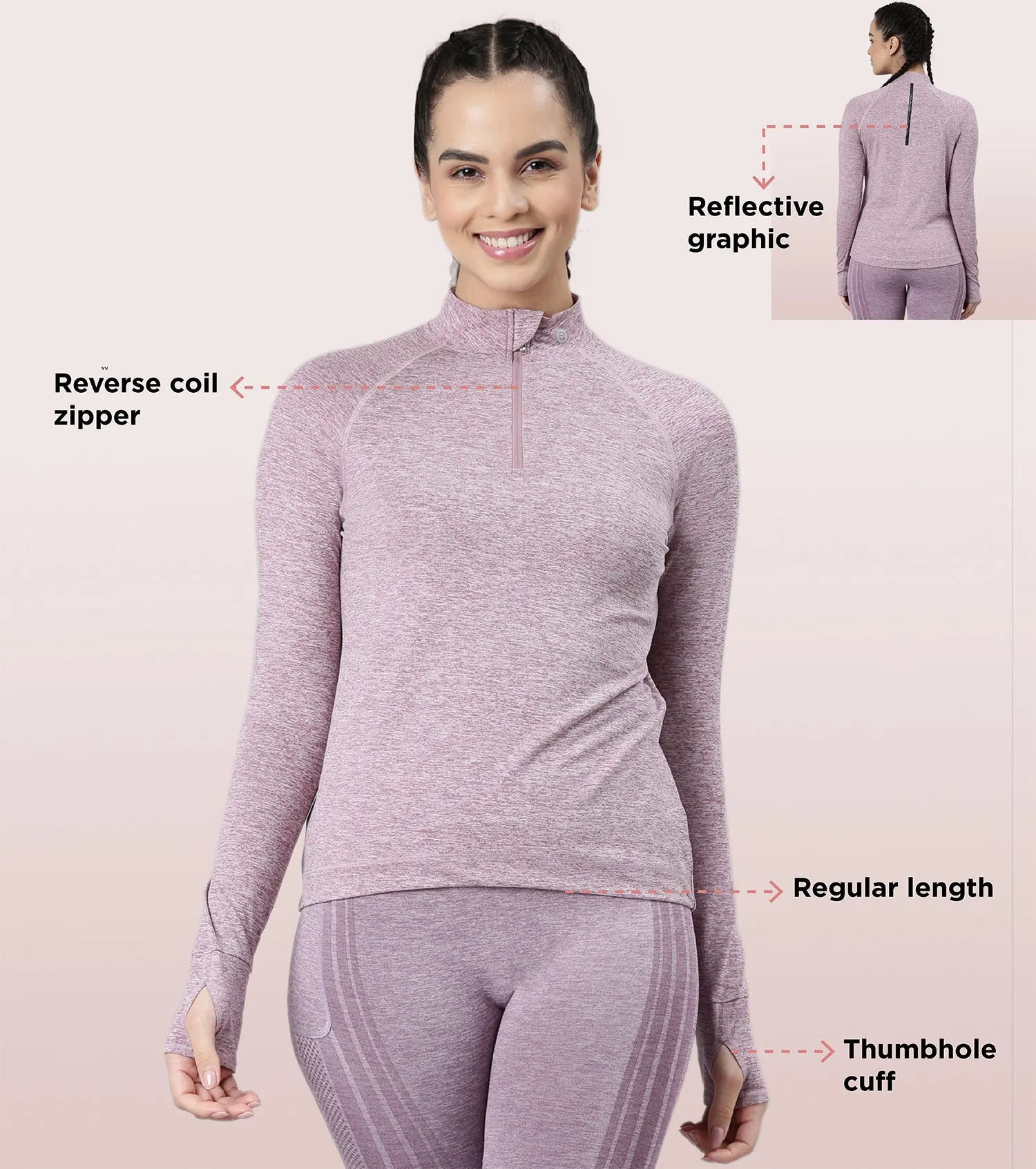 Enamor Long Sleeve Workout Tee | Slim Fit Troyer T-Shirt With Thumbhole For Women | A310