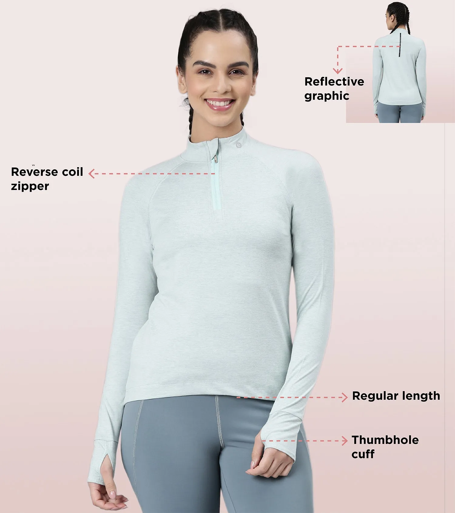 Enamor Long Sleeve Workout Tee | Slim Fit Troyer T-Shirt With Thumbhole For Women | A310