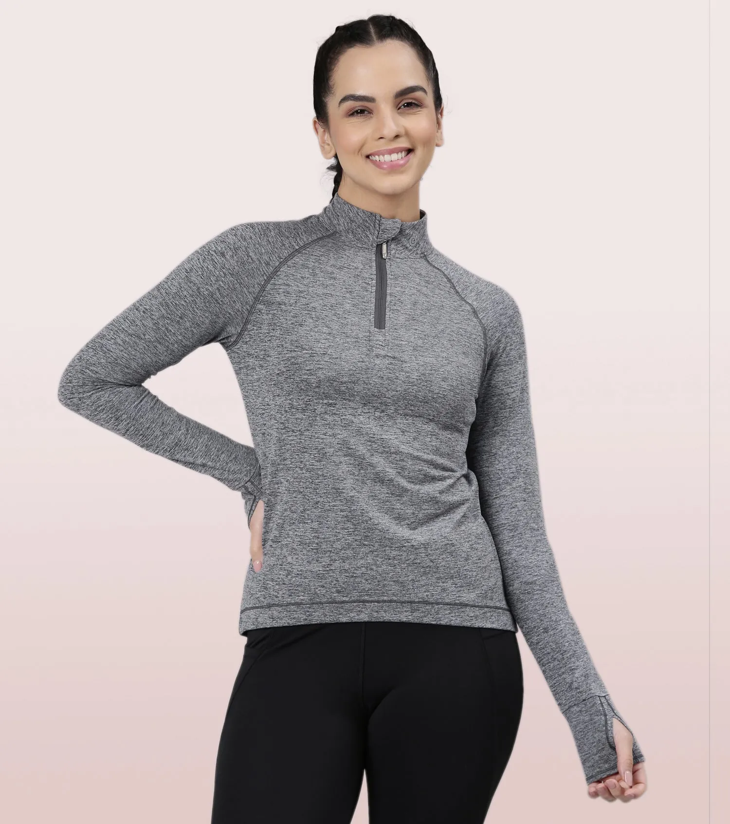 Enamor Long Sleeve Workout Tee | Slim Fit Troyer T-Shirt With Thumbhole For Women | A310