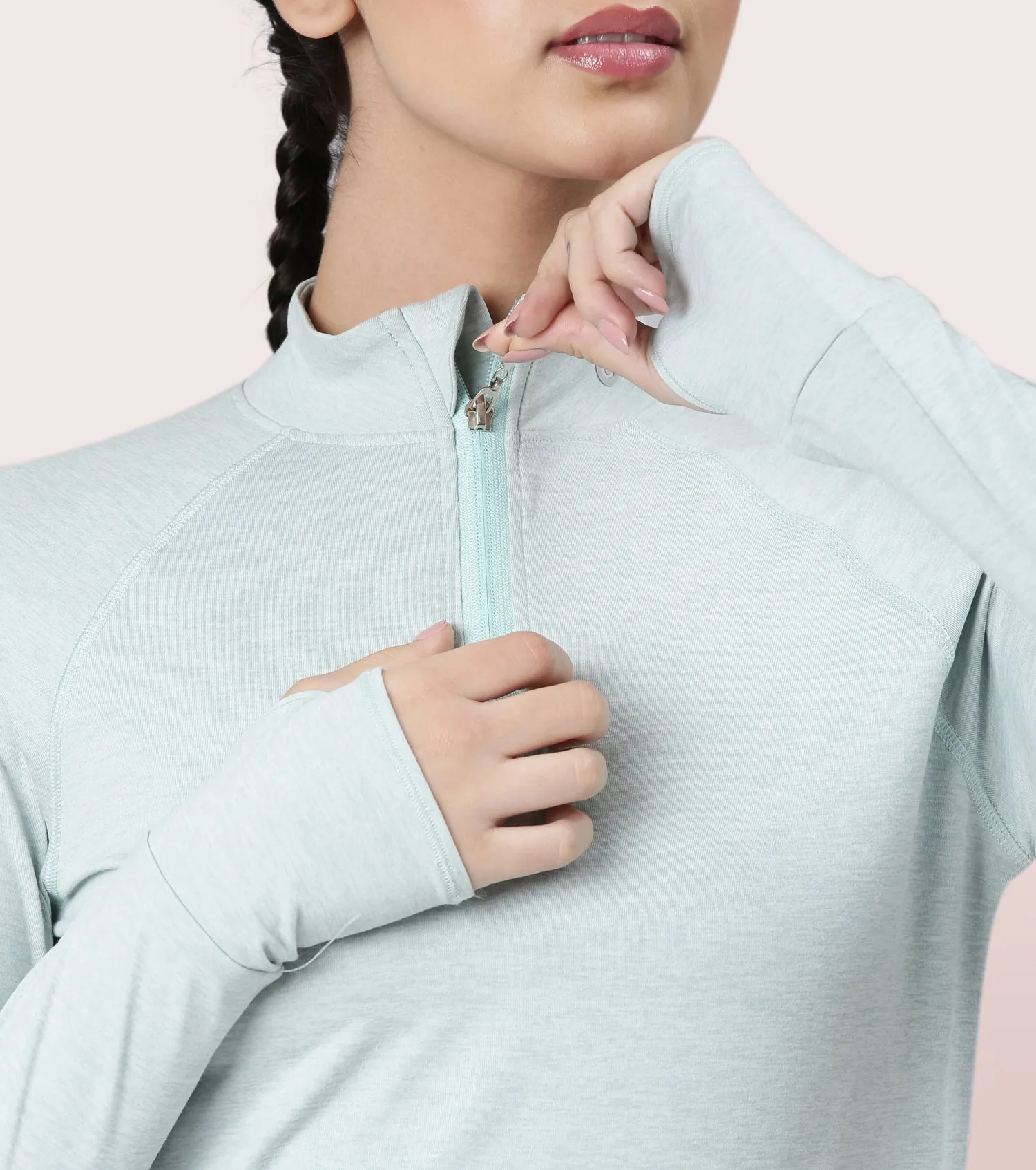 Enamor Long Sleeve Workout Tee | Slim Fit Troyer T-Shirt With Thumbhole For Women | A310