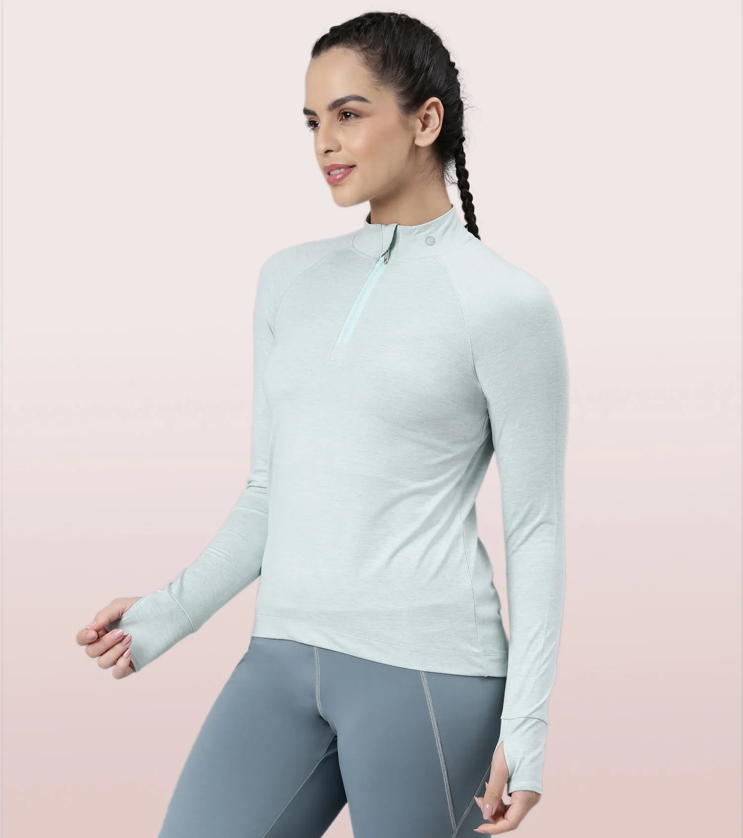 Enamor Long Sleeve Workout Tee | Slim Fit Troyer T-Shirt With Thumbhole For Women | A310