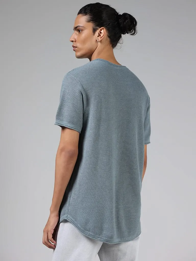 ETA Teal Knitted Solid Slim-Fit T-Shirt