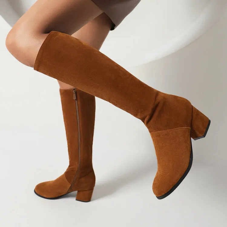 Faux suede block heels knee high boots with pointed toe