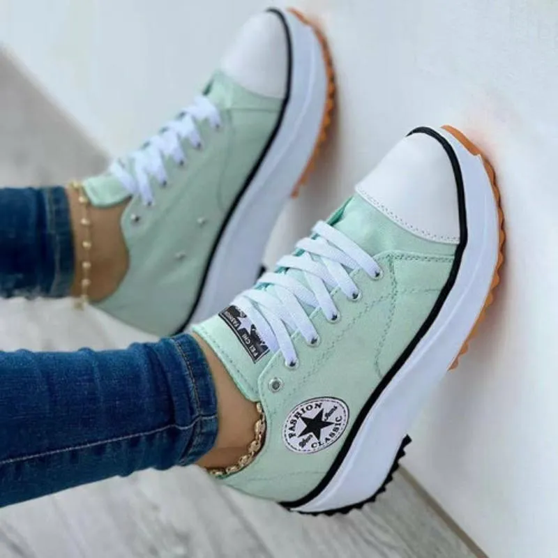 Flat Lace-Up Sneakers Pattern Canvas Casual Women