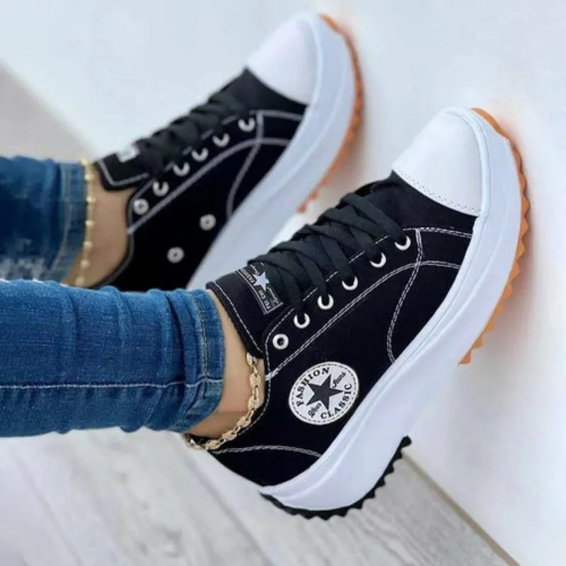 Flat Lace-Up Sneakers Pattern Canvas Casual Women