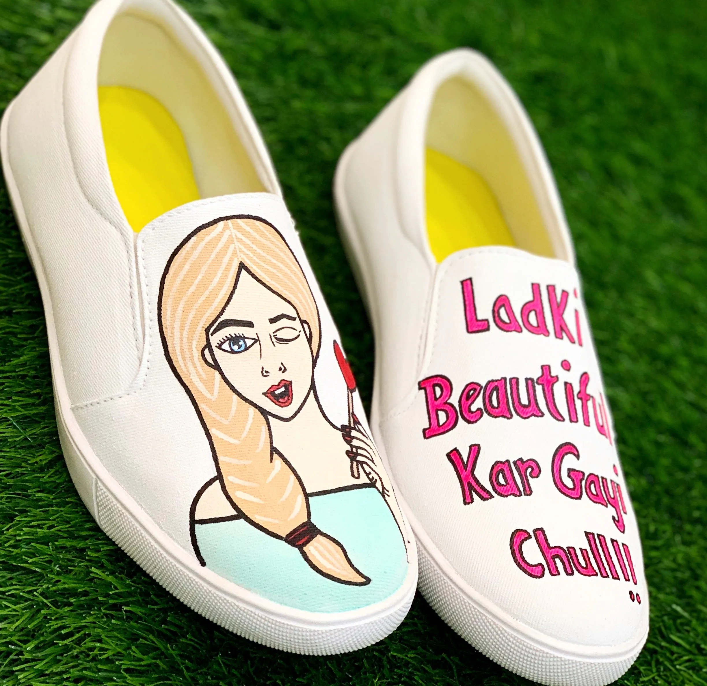 Funky N Trendy hand painted water resistant Quirky quote white slip on shoes/ handpainted shoes/ women shoes / funky shoes/ white handpainted shoes