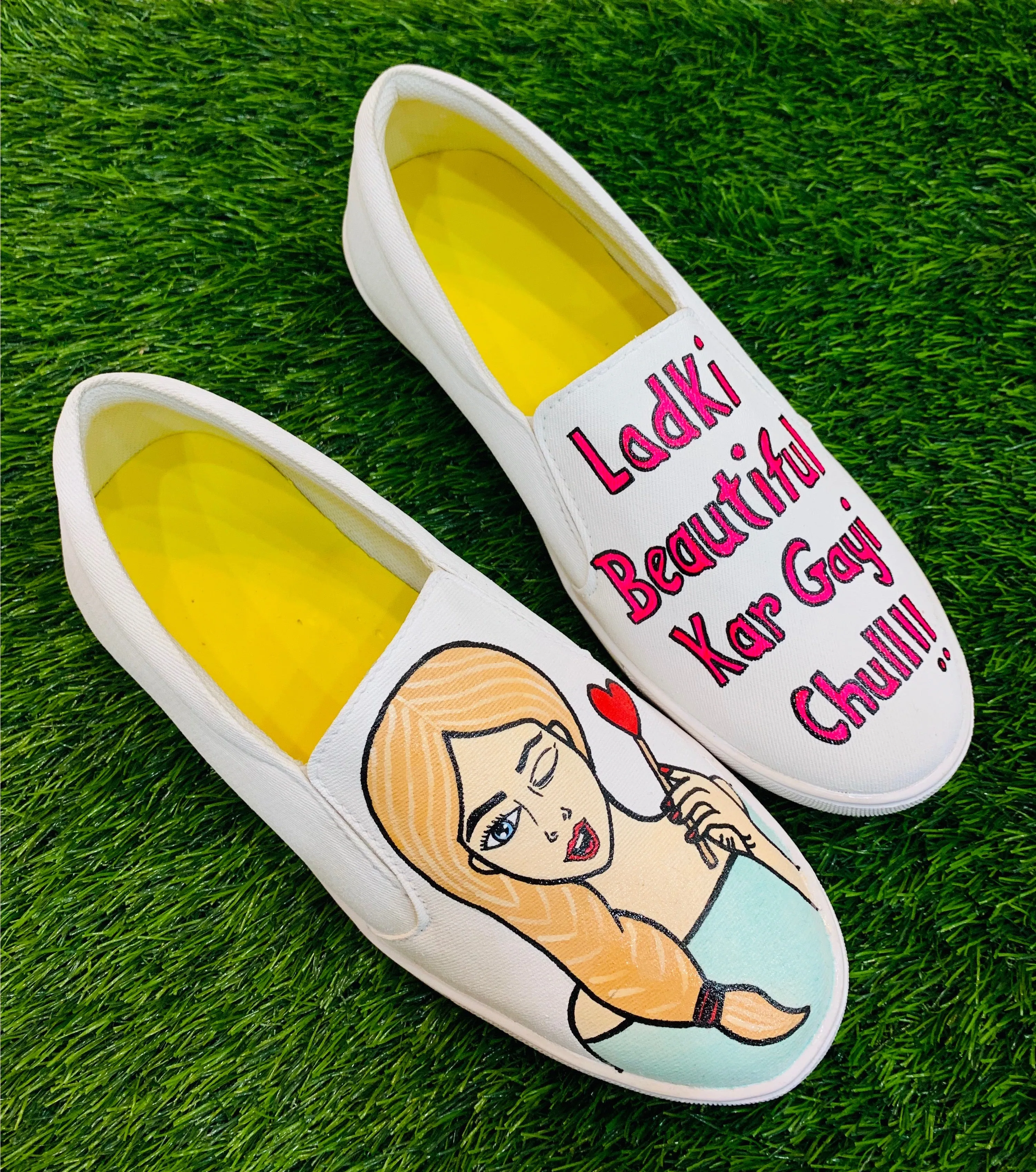 Funky N Trendy hand painted water resistant Quirky quote white slip on shoes/ handpainted shoes/ women shoes / funky shoes/ white handpainted shoes