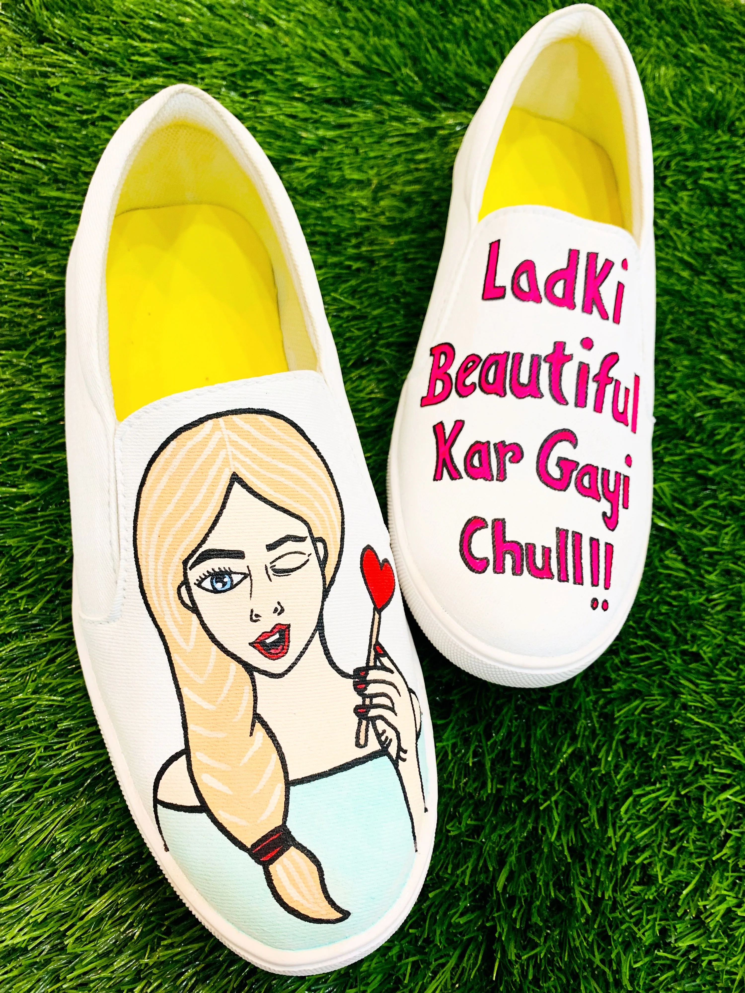 Funky N Trendy hand painted water resistant Quirky quote white slip on shoes/ handpainted shoes/ women shoes / funky shoes/ white handpainted shoes