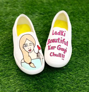 Funky N Trendy hand painted water resistant Quirky quote white slip on shoes/ handpainted shoes/ women shoes / funky shoes/ white handpainted shoes