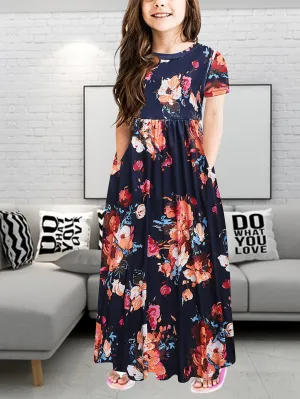 Girls Bohemian Chic Maxi Dress - Breezy Short Sleeves, Vibrant Floral Pattern, Flowy Relaxed Fit, Practical Side Pockets - Designed for the Young and Free-Spirited, Ideal for Summer Getaways, Beach Trips, and Outdoor Adventures