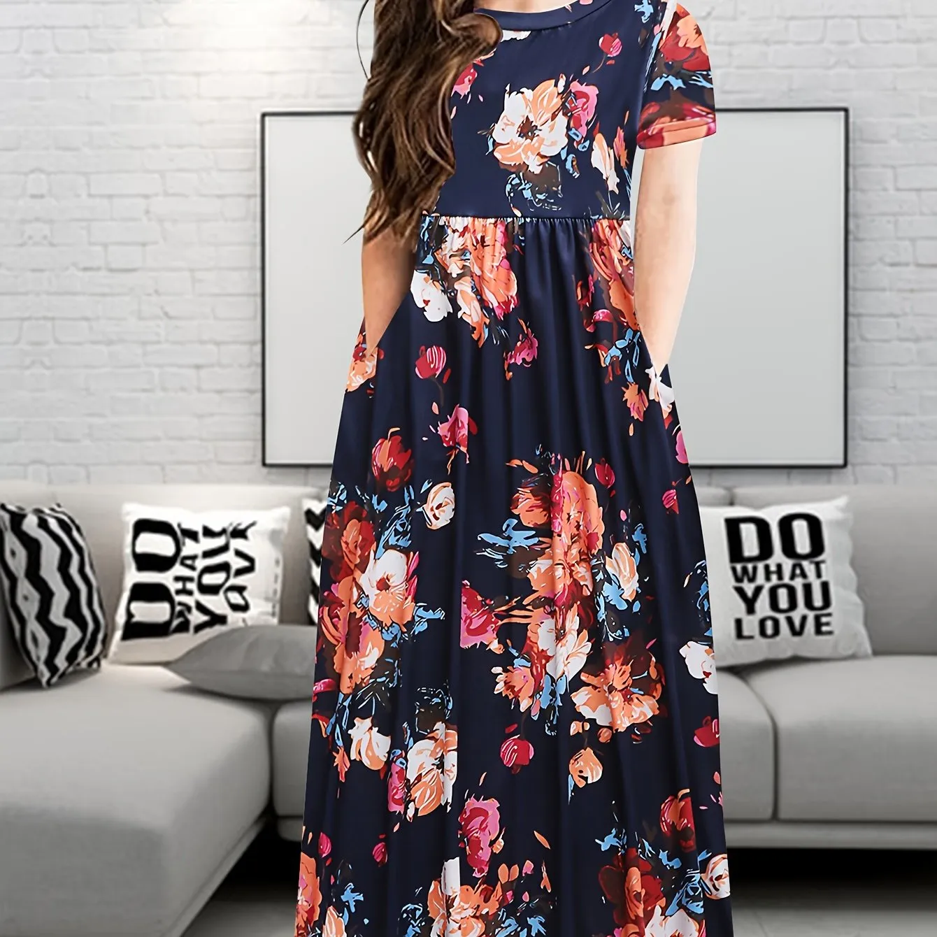 Girls Bohemian Chic Maxi Dress - Breezy Short Sleeves, Vibrant Floral Pattern, Flowy Relaxed Fit, Practical Side Pockets - Designed for the Young and Free-Spirited, Ideal for Summer Getaways, Beach Trips, and Outdoor Adventures