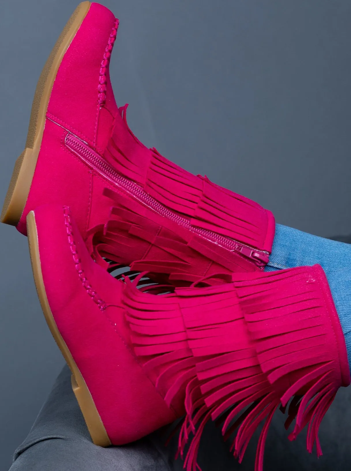 Girls Hot Pink Suede Tiered Fringe Boots By Liv and Mia