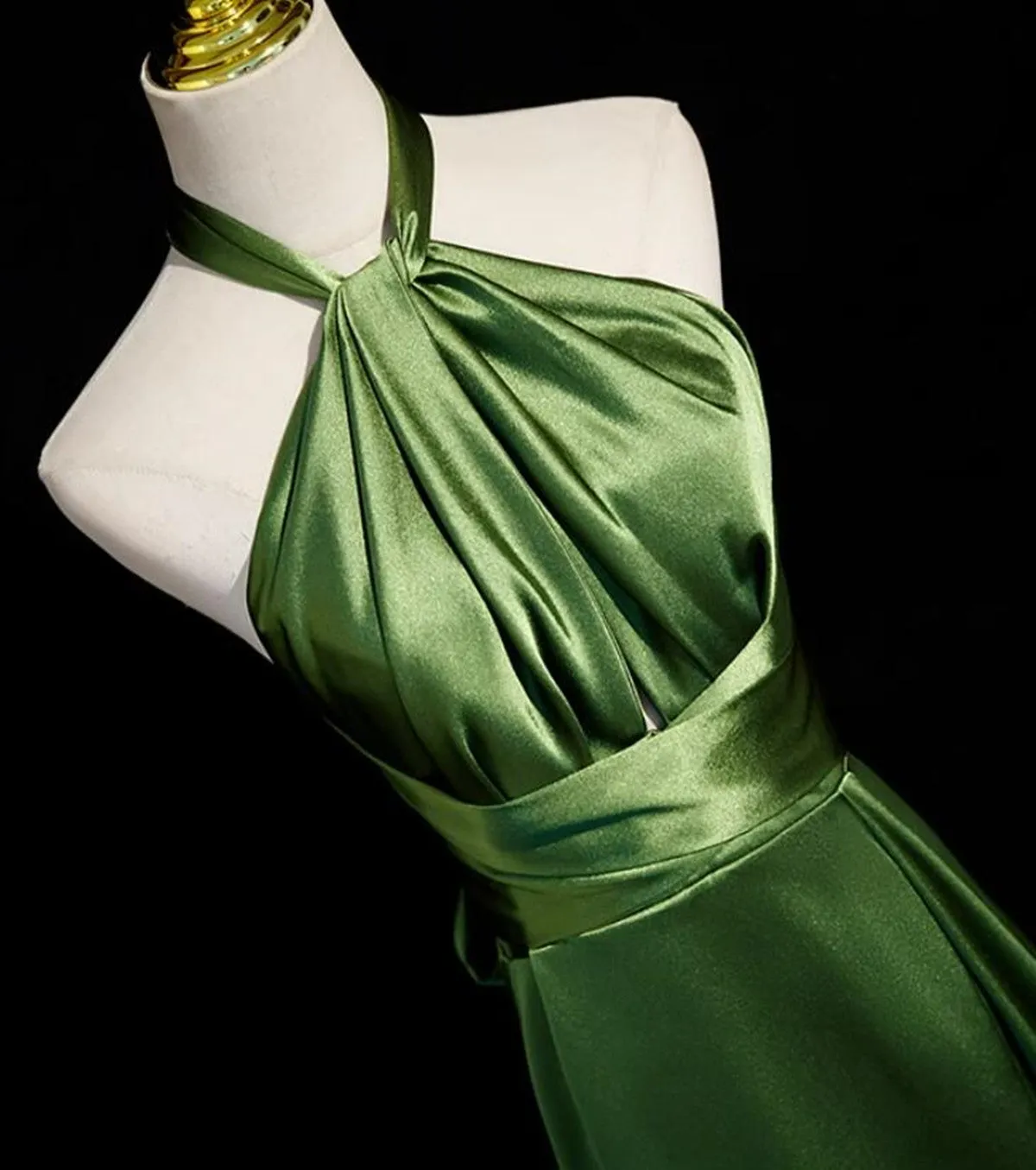 Green Soft Satin Halter Long Evening Dress Party Dress, Green A-line Prom Dress