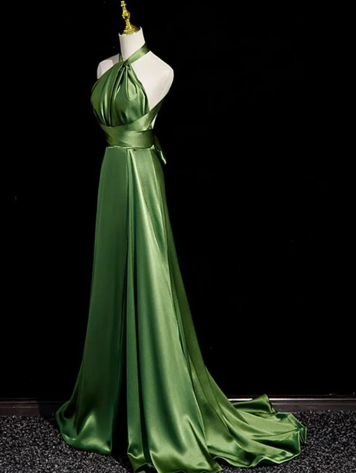 Green Soft Satin Halter Long Evening Dress Party Dress, Green A-line Prom Dress