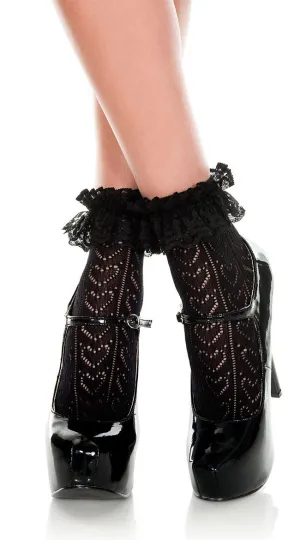 Heart net design ankle hi with ruffle trim