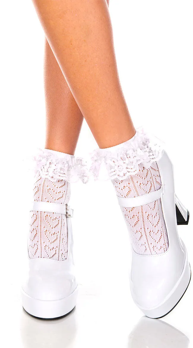 Heart net design ankle hi with ruffle trim