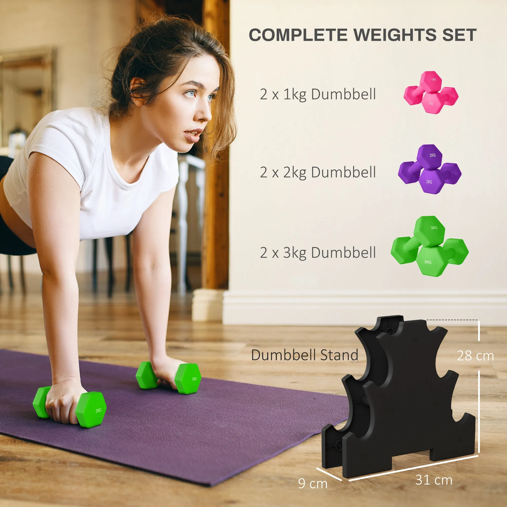 Hex Dumbbells Set with Dumbbell Rack, 2 x 1kg, 2 x 2kg, 2 x 3kg