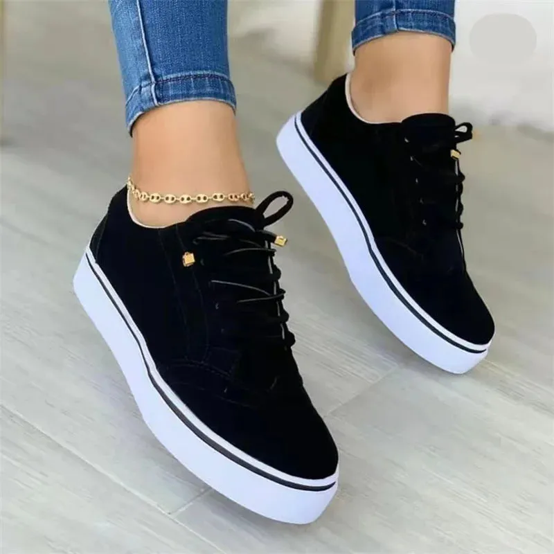 Hnzxzm New Women's Low-top Vulcanized Shoes Round Toe Casual Shoes Flat Shoes Lace-up Walking Shoes Women Versatile Comfortable