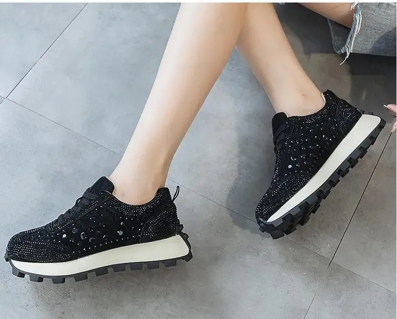 Joskaa 2024 New Leather Black Rhinestone Platform Sneakers