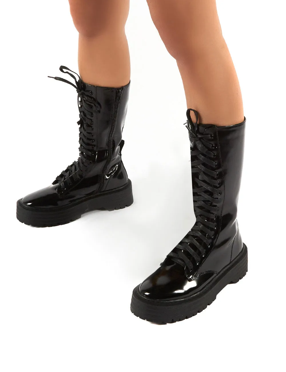 Kendall Smooth Black PU Lace Up Chunky Knee High Boots