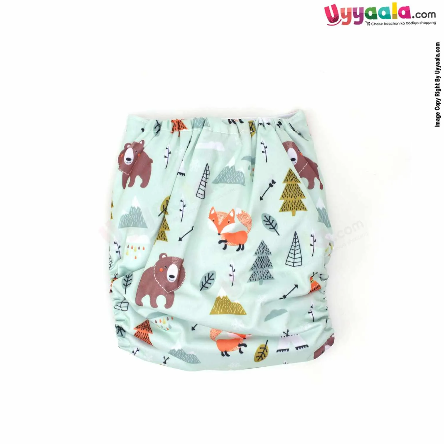 KICKS & CRAWL Re-Usable Cloth Diaper with Single Nappy Pad & Button Adjustable Polyester Fabric, Animals & Trees Print, 0-24m Age - Light Green