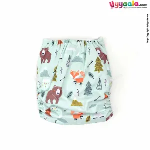 KICKS & CRAWL Re-Usable Cloth Diaper with Single Nappy Pad & Button Adjustable Polyester Fabric, Animals & Trees Print, 0-24m Age - Light Green