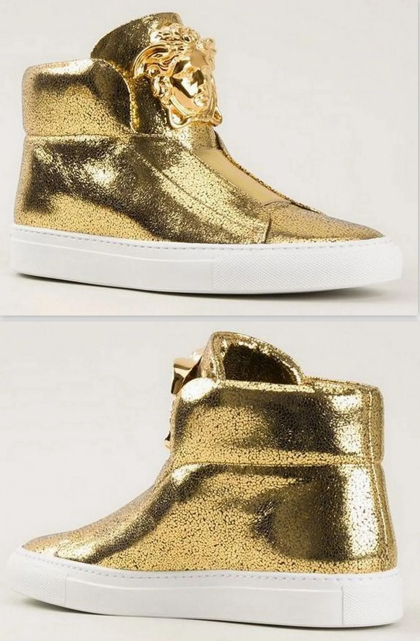 Medusa-Head Laceless Hi-Top Leather Sneakers in Gold