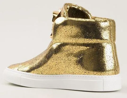 Medusa-Head Laceless Hi-Top Leather Sneakers in Gold