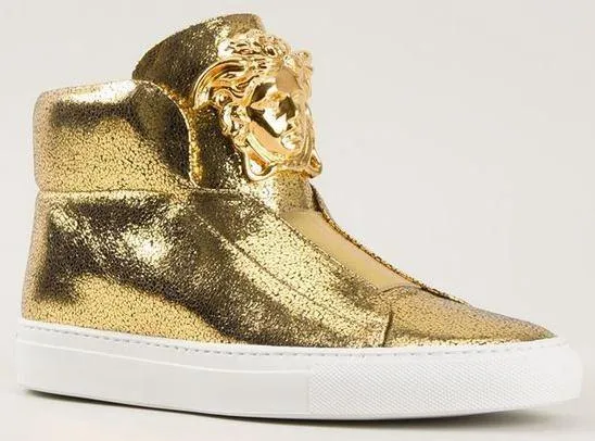 Medusa-Head Laceless Hi-Top Leather Sneakers in Gold