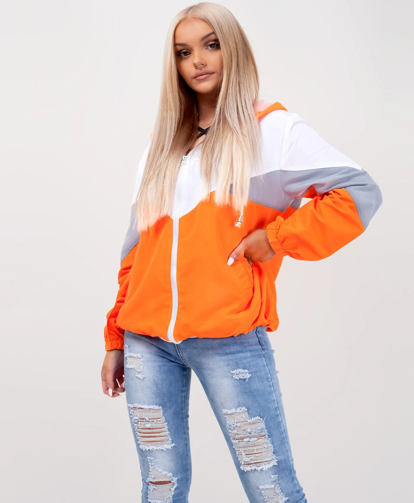 Neon Orange Colour Block Windbreaker Festival Jacket