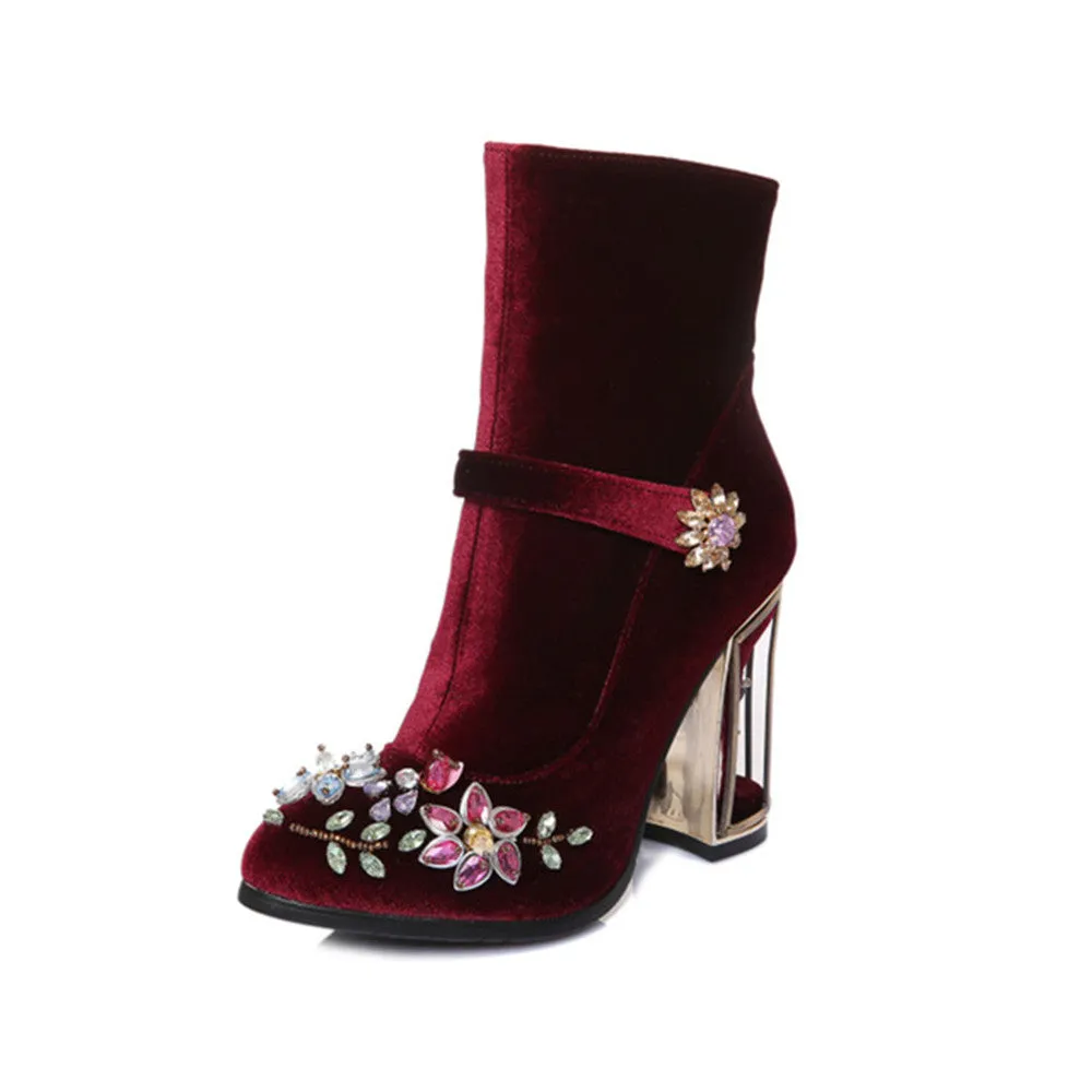 Novelty Handmade Velvet Ankle Booties with Rhinestone Floral Decoration