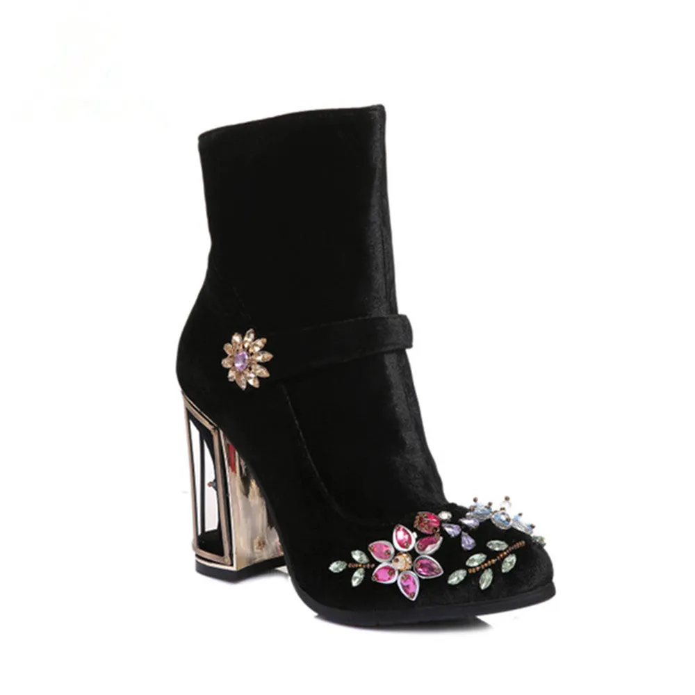 Novelty Handmade Velvet Ankle Booties with Rhinestone Floral Decoration