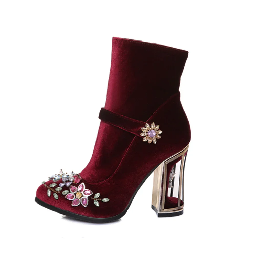 Novelty Handmade Velvet Ankle Booties with Rhinestone Floral Decoration