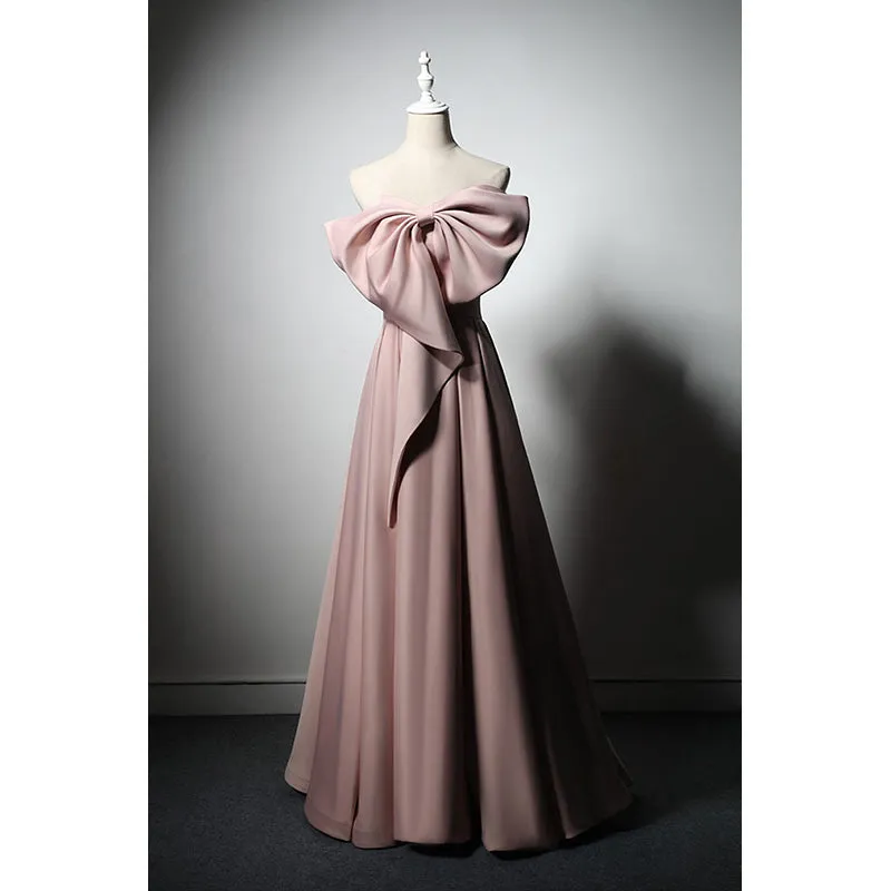 Pink Satin with Bow A-line Long Prom Dress, Pink Satin Formal Dress Party Dress