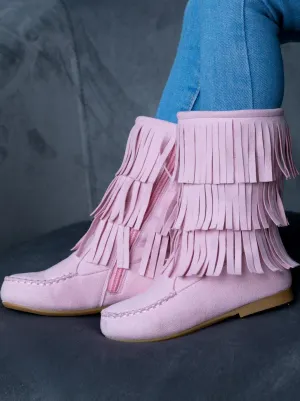 Pink Suede Tiered Fringe Boots By Liv and Mia